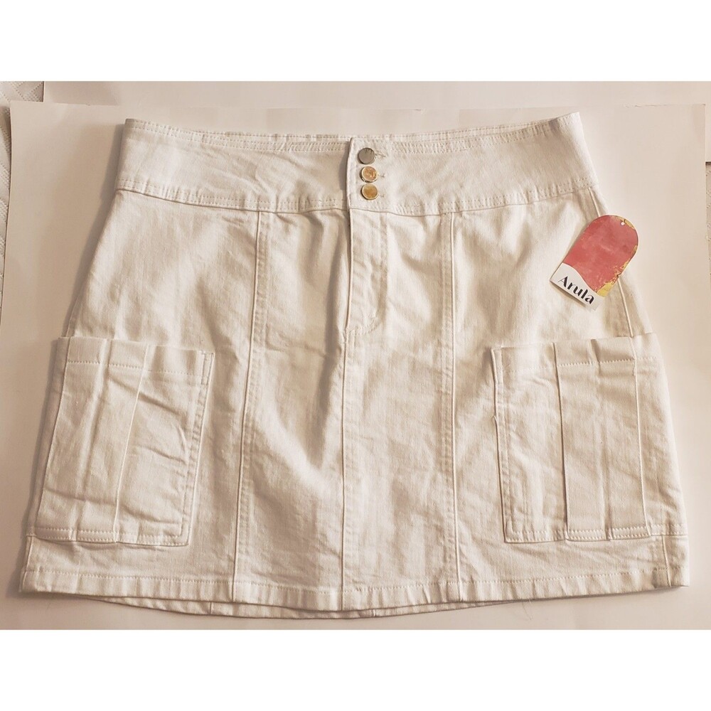 Arula Women’s XL Cream Denim Mini Skirt Button Front Utility Pockets Cottagecore